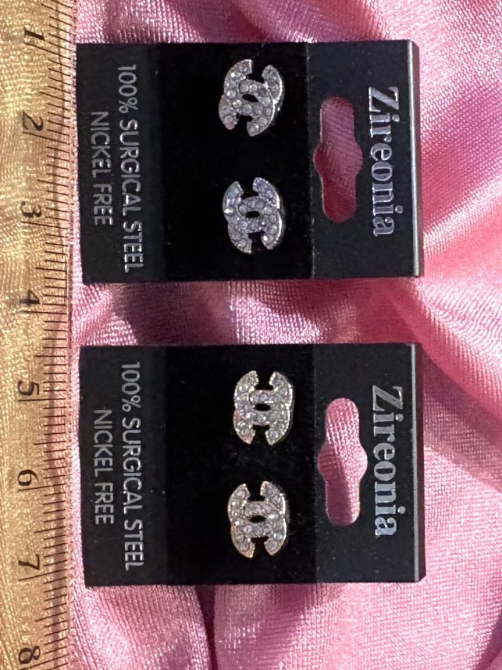 NWT ZIREONIA interlocking CC stud earrings- 9mm 2pr -one gold toned/other silver